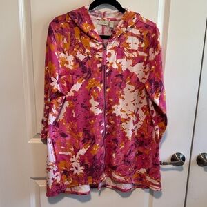 LOGO by Lori Goldstein Pink, purple, mustard & White Hooded Zip-Front Jacket